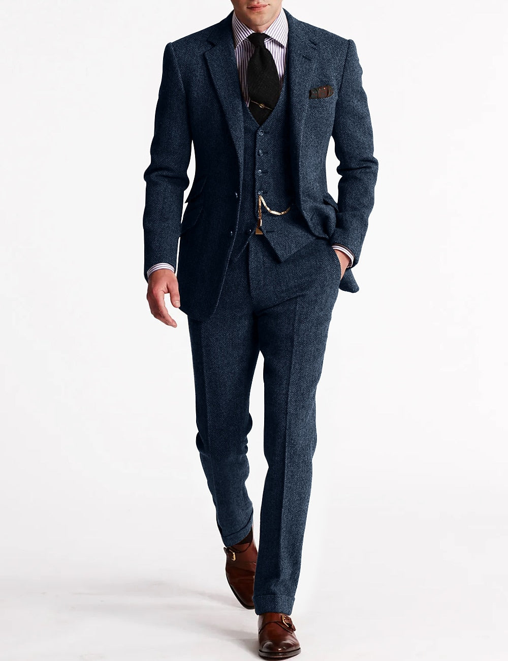 "Elegantes 3-teiliges Herren Anzug Set in Dunkelblau für Hochzeiten, bestehend aus Sakko, Weste und Hose."