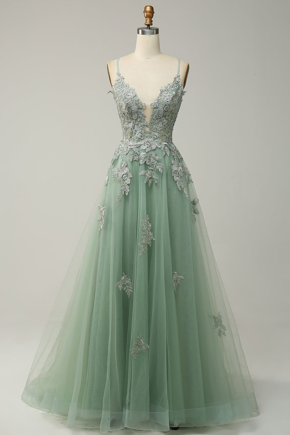 Elegantes A-Linien-Ballkleid mit Spaghettiträgern in Dunkelgrün, perfekte Wahl für festliche Anlässe und Hochzeiten.