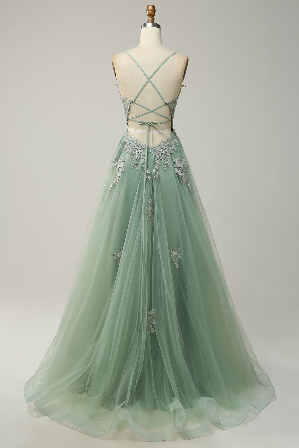 Elegantes A-Linien-Ballkleid mit Spaghettiträgern in Dunkelgrün, perfekte Wahl für festliche Anlässe und Hochzeiten.