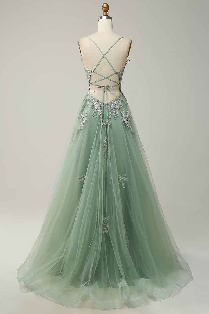Elegantes A-Linien-Ballkleid mit Spaghettiträgern in Dunkelgrün, perfekte Wahl für festliche Anlässe und Hochzeiten.