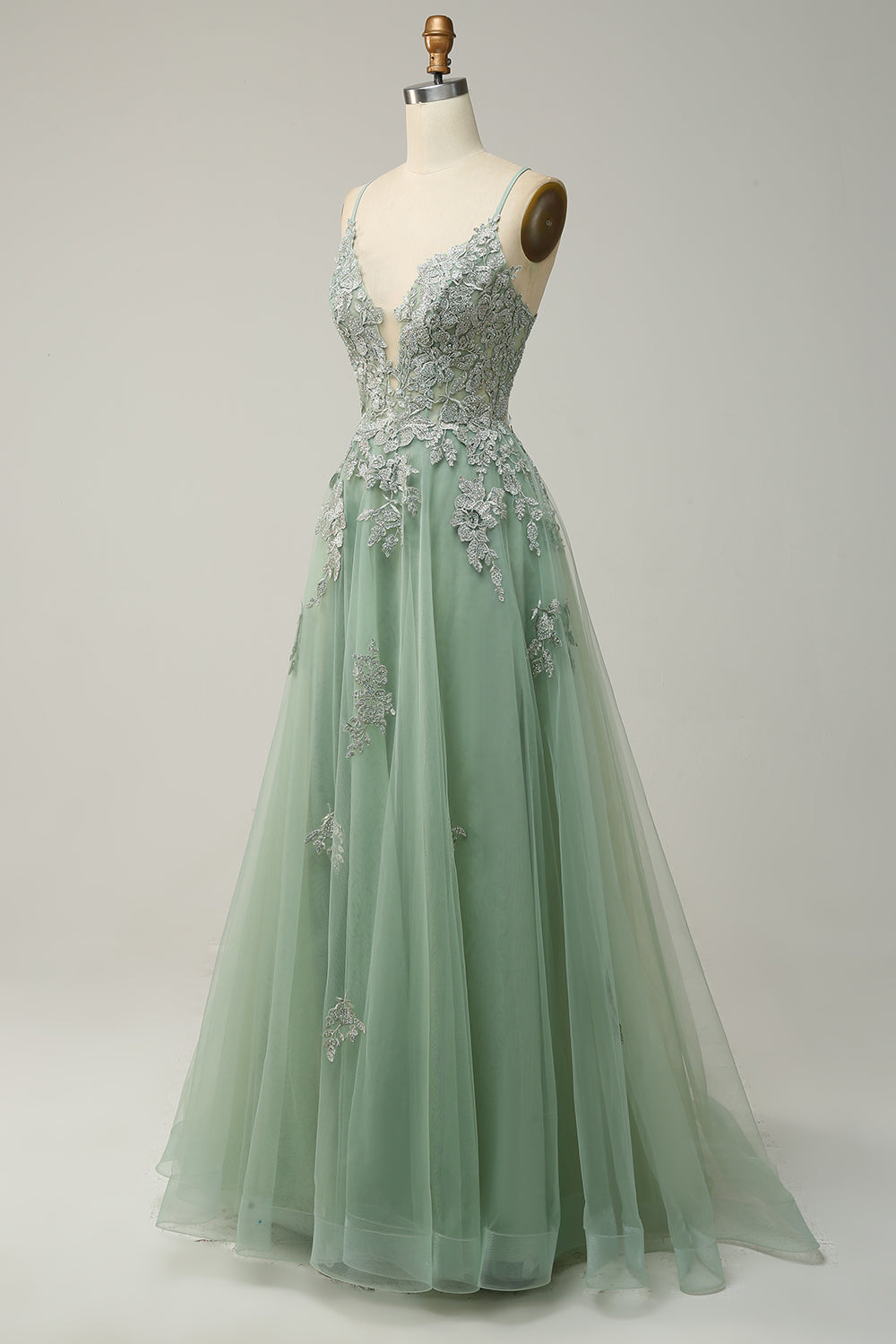 Elegantes A-Linien-Ballkleid mit Spaghettiträgern in Dunkelgrün, perfekte Wahl für festliche Anlässe und Hochzeiten.