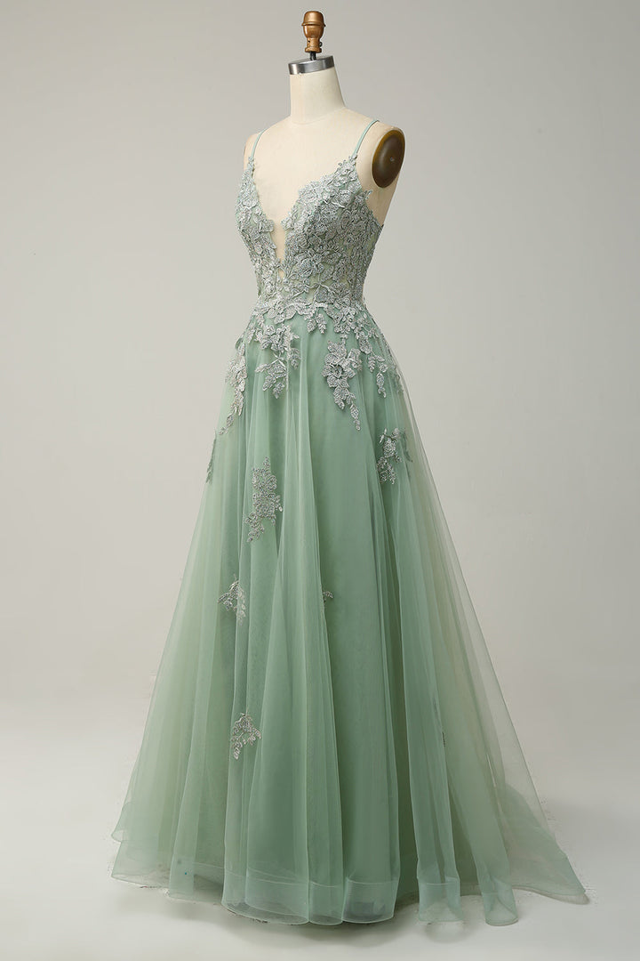 Elegantes A-Linien-Ballkleid mit Spaghettiträgern in Dunkelgrün, perfekte Wahl für festliche Anlässe und Hochzeiten.