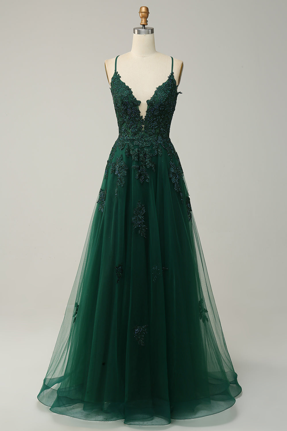 Elegantes A-Linien-Ballkleid mit Spaghettiträgern in Dunkelgrün, perfekte Wahl für festliche Anlässe und Hochzeiten.