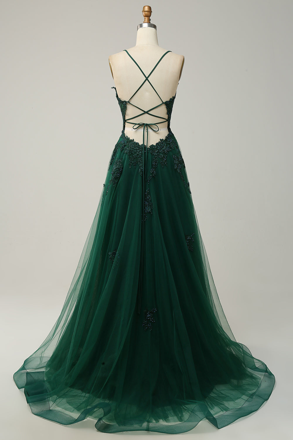 Elegantes A-Linien-Ballkleid mit Spaghettiträgern in Dunkelgrün, perfekte Wahl für festliche Anlässe und Hochzeiten.