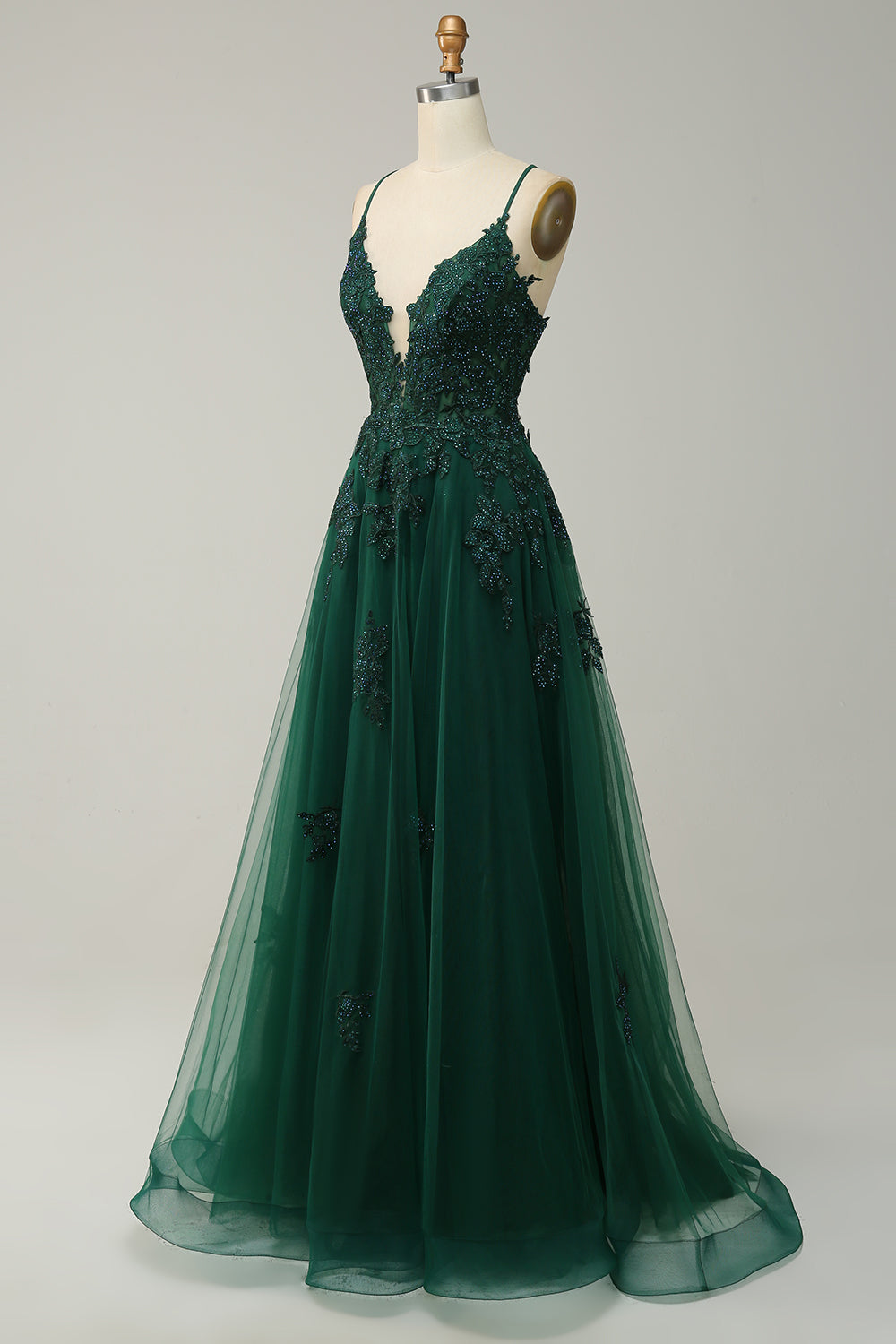 Elegantes A-Linien-Ballkleid mit Spaghettiträgern in Dunkelgrün, perfekte Wahl für festliche Anlässe und Hochzeiten.