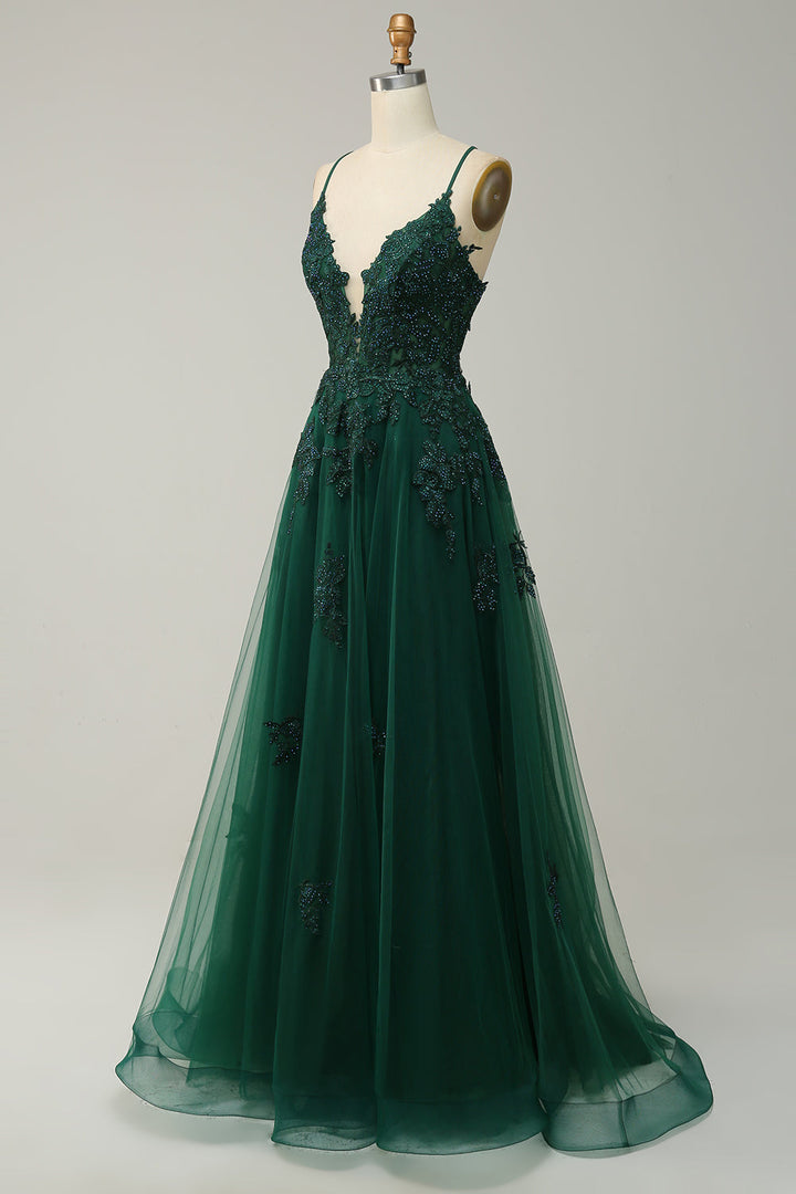 Elegantes A-Linien-Ballkleid mit Spaghettiträgern in Dunkelgrün, perfekte Wahl für festliche Anlässe und Hochzeiten.