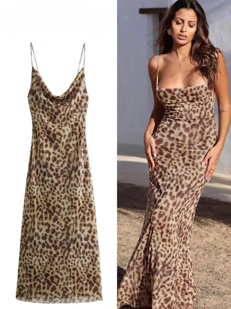 Elegantes ärmelloses Damenkleid mit Leopardenmuster, rückenfrei, Tüllstoff, vintage Stil, ideal für Sommermode.