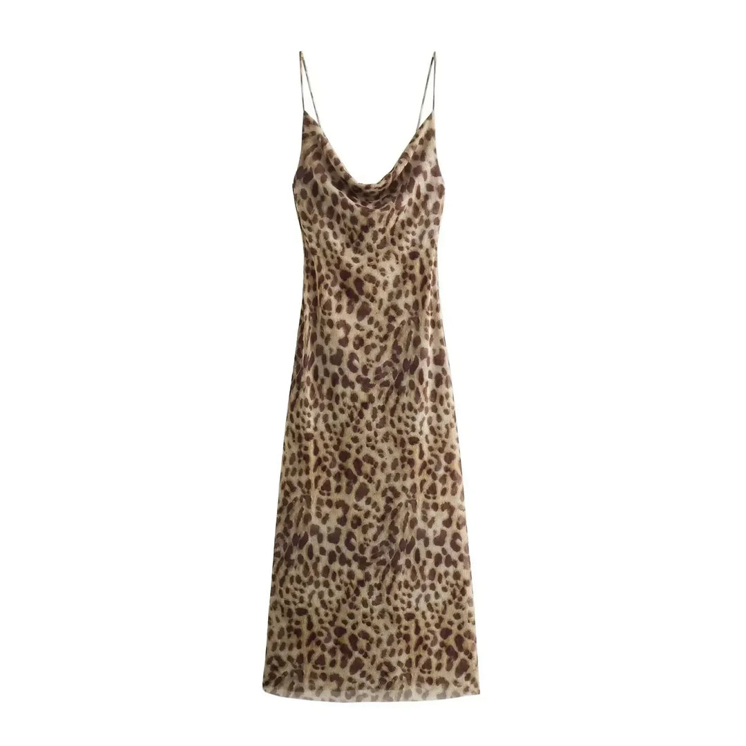 Elegantes ärmelloses Damenkleid mit Leopardenmuster, rückenfrei, Tüllstoff, vintage Stil, ideal für Sommermode.