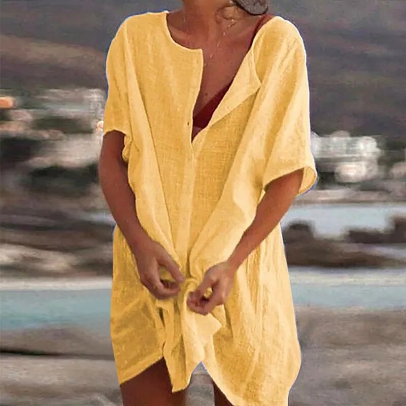 "Elegantes, atmungsaktives Baumwoll-Freizeitkleid für Damen mit ausgestelltem Saum, ideal für Frühling und Sommer."