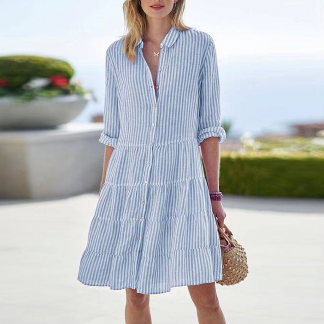 Elegantes beigefarbenes Sommerkleid, luftiges Leinen, perfekter Komfort für heiße Tage, vielseitig tragbar, Damenmode.