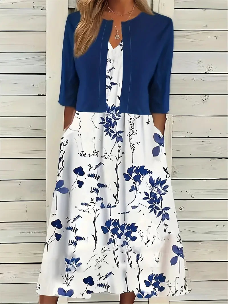 Elegantes Blumen-Set für Frauen: Blumiges Kleid und schlichtes Crop-Top, zweiteiliges Outfit, ideal für besondere Anlässe.