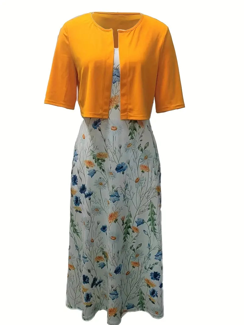 Elegantes Blumen-Set für Frauen: Blumiges Kleid und schlichtes Crop-Top, zweiteiliges Outfit, ideal für besondere Anlässe.