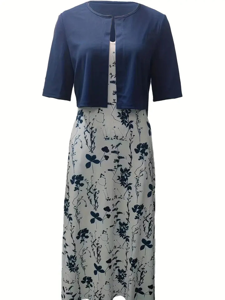 Elegantes Blumen-Set für Frauen: Blumiges Kleid und schlichtes Crop-Top, zweiteiliges Outfit, ideal für besondere Anlässe.