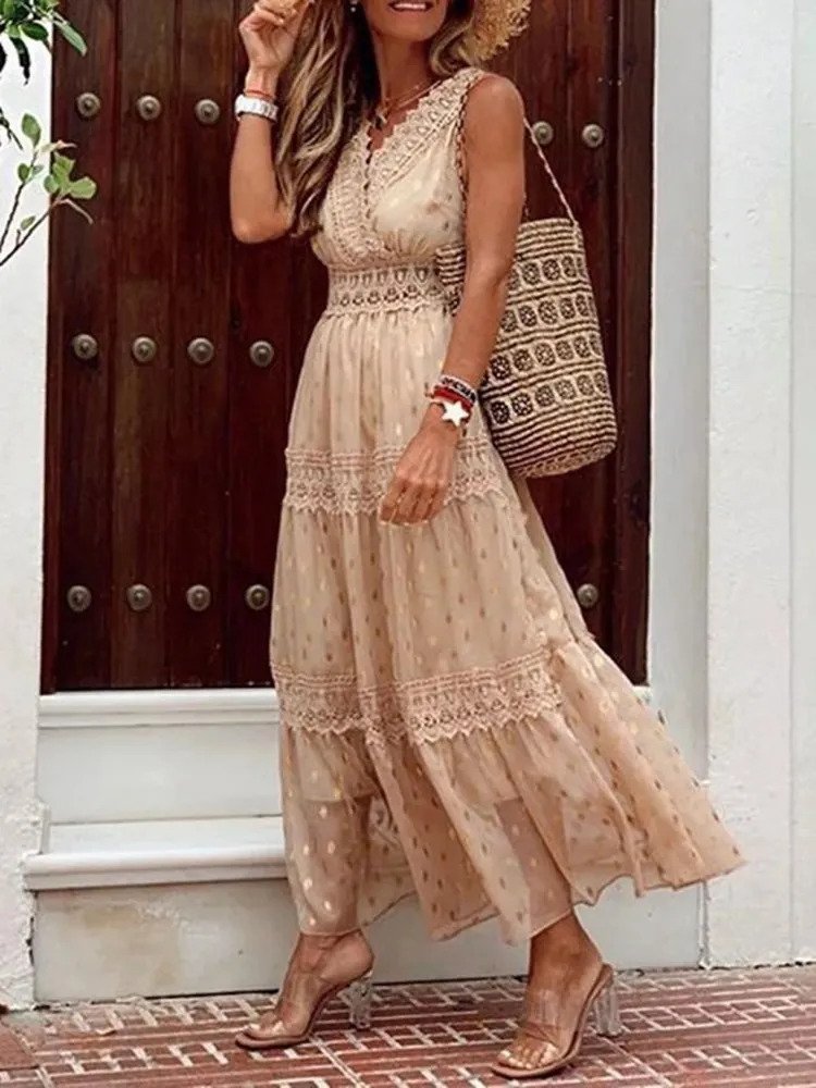 Elegantes Boho Damen Maxikleid, fließende Silhouette, vielseitige Farben, ideal für Sommer und besondere Anlässe.