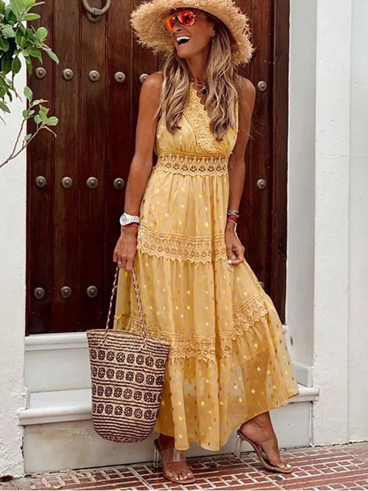 Elegantes Boho Damen Maxikleid, fließende Silhouette, vielseitige Farben, ideal für Sommer und besondere Anlässe.
