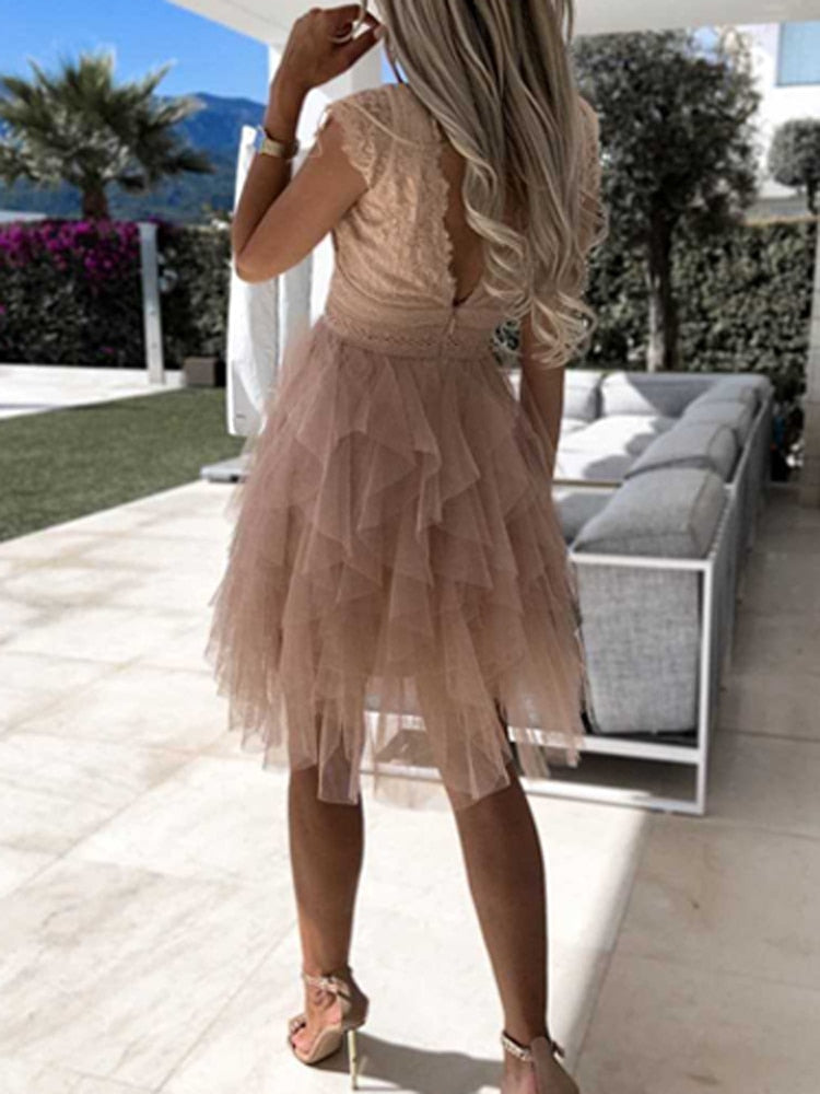 Elegantes Chiffon-Cocktailkleid für Damen mit Rüschen, verführerische Details, ideal für Partys, Hochzeiten, fließender Stoff