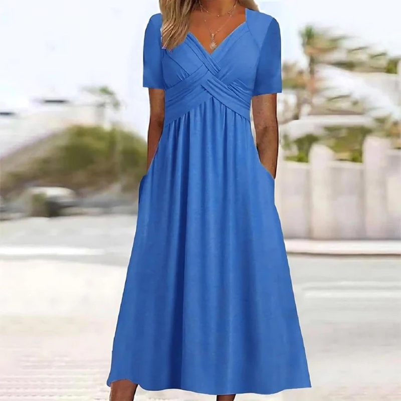 "Elegantes Damen A-Linien-Kleid mit V-Ausschnitt in Midilänge, weicher Stoff, zeitloser Chic, vielseitig kombinierbar"