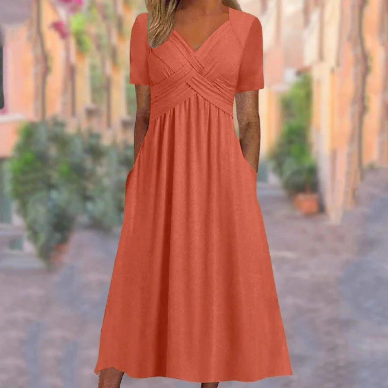 "Elegantes Damen A-Linien-Kleid mit V-Ausschnitt in Midilänge, weicher Stoff, zeitloser Chic, vielseitig kombinierbar"