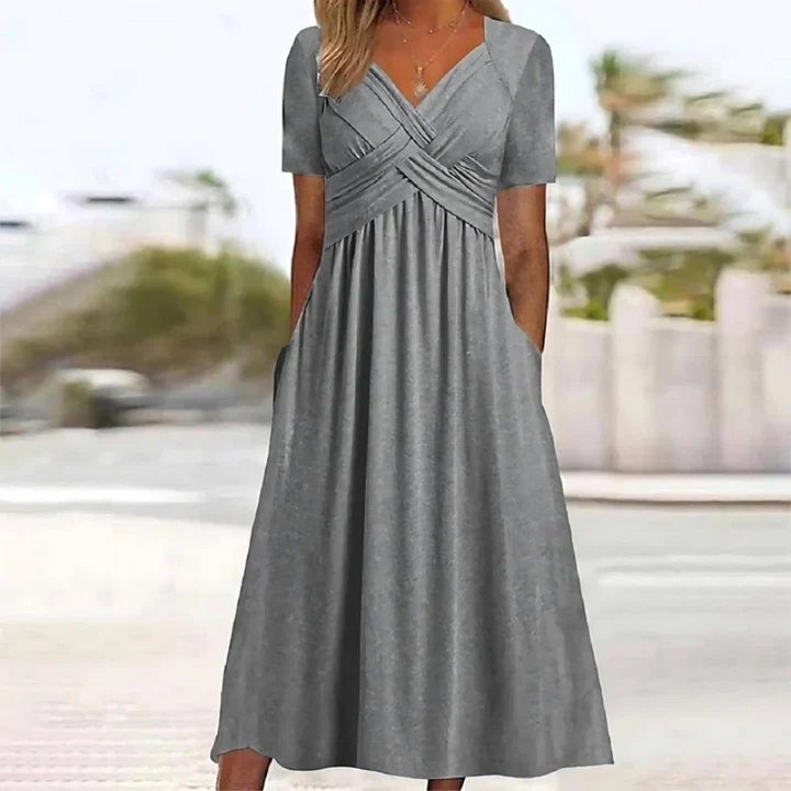 "Elegantes Damen A-Linien-Kleid mit V-Ausschnitt in Midilänge, weicher Stoff, zeitloser Chic, vielseitig kombinierbar"