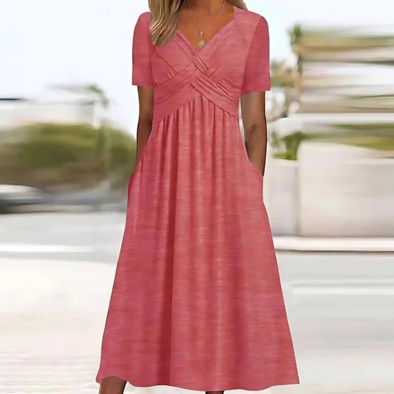 "Elegantes Damen A-Linien-Kleid mit V-Ausschnitt in Midilänge, weicher Stoff, zeitloser Chic, vielseitig kombinierbar"