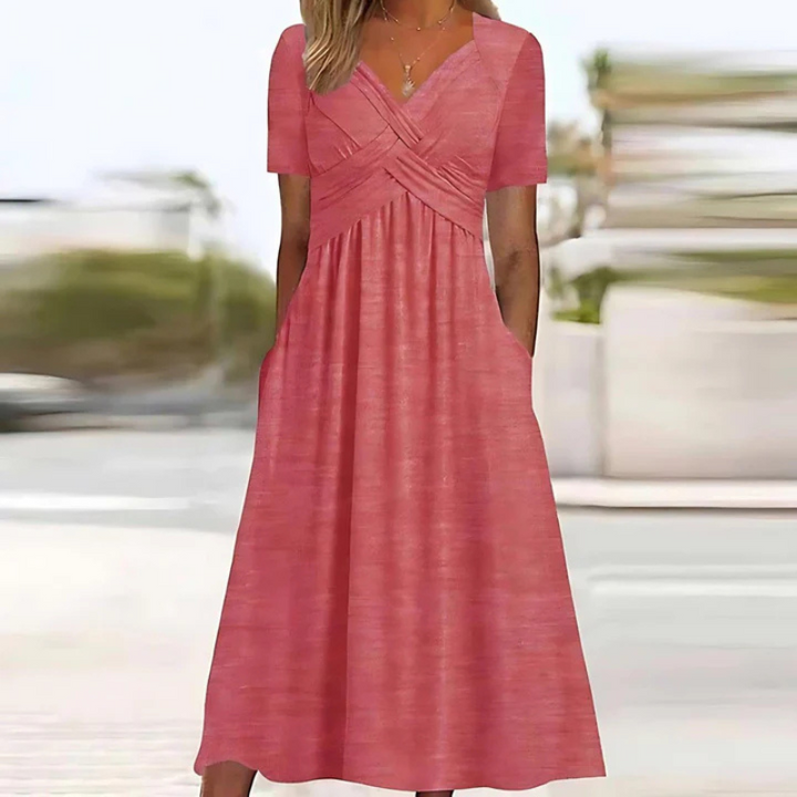 "Elegantes Damen A-Linien-Kleid mit V-Ausschnitt in Midilänge, weicher Stoff, zeitloser Chic, vielseitig kombinierbar"