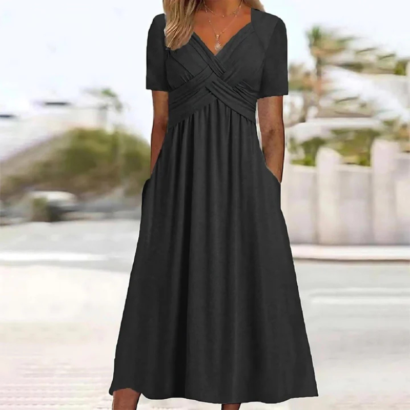 "Elegantes Damen A-Linien-Kleid mit V-Ausschnitt in Midilänge, weicher Stoff, zeitloser Chic, vielseitig kombinierbar"