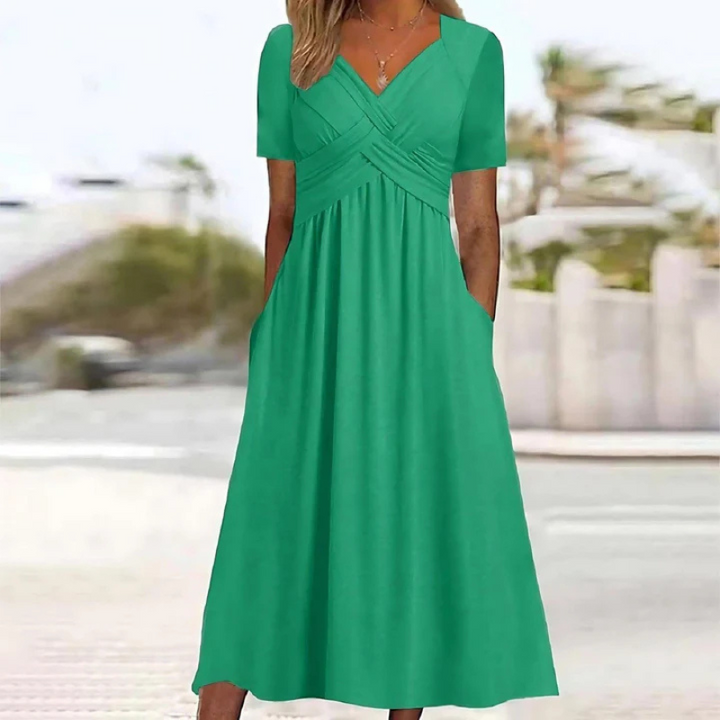 "Elegantes Damen A-Linien-Kleid mit V-Ausschnitt in Midilänge, weicher Stoff, zeitloser Chic, vielseitig kombinierbar"
