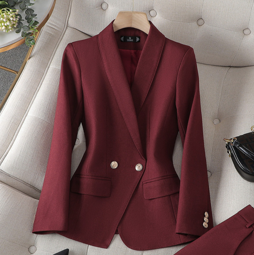Elegantes Damen Blazer & Hosen Set in Schwarz, Burgunderrot oder Goldorange mit perfektem Schnitt und stilvollem Design.