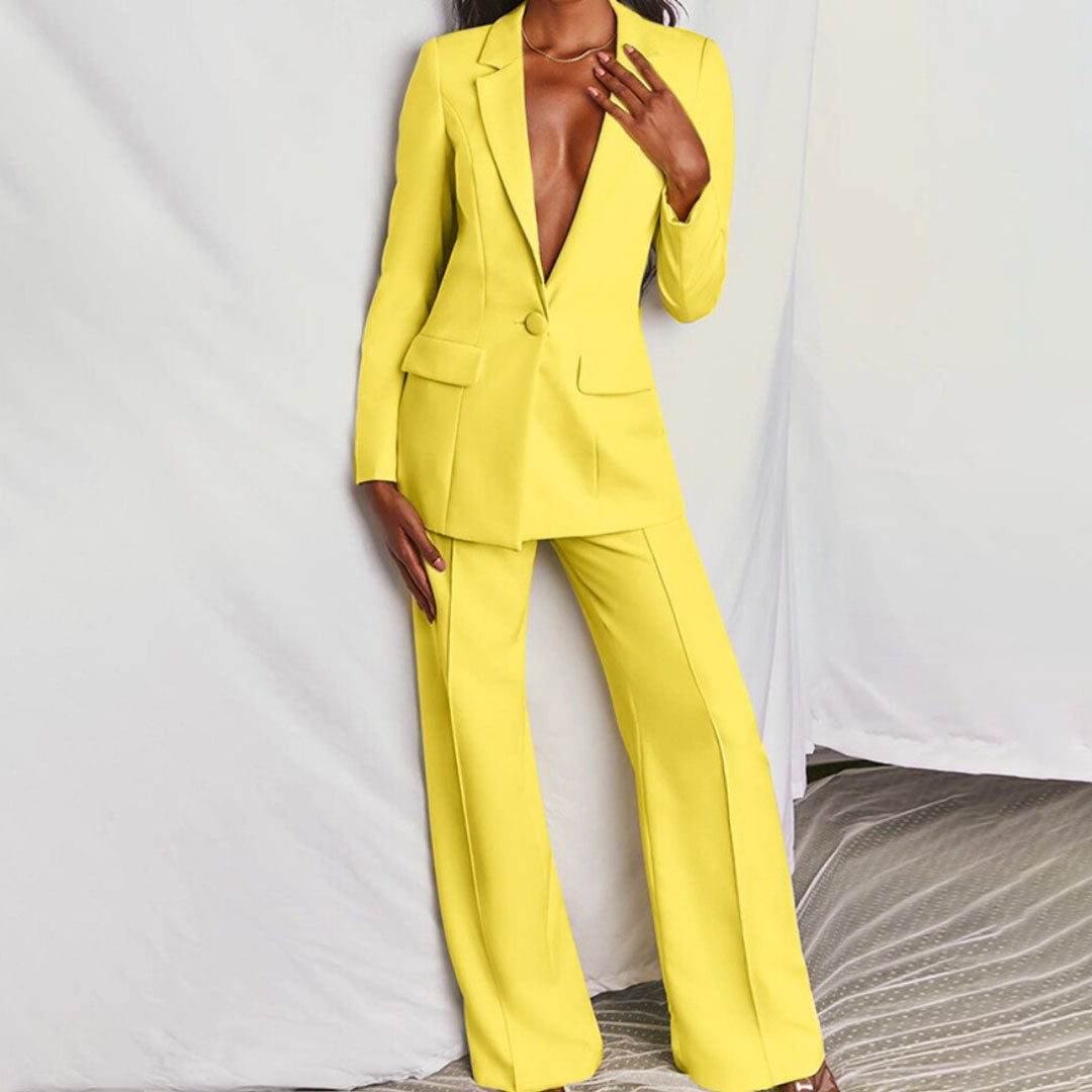 Elegantes Damen Blazers und Hosen-Set in Gelb, hochwertige Baumwollmischung, stilvolle Details, edler Schnitt, bequeme Passfo
