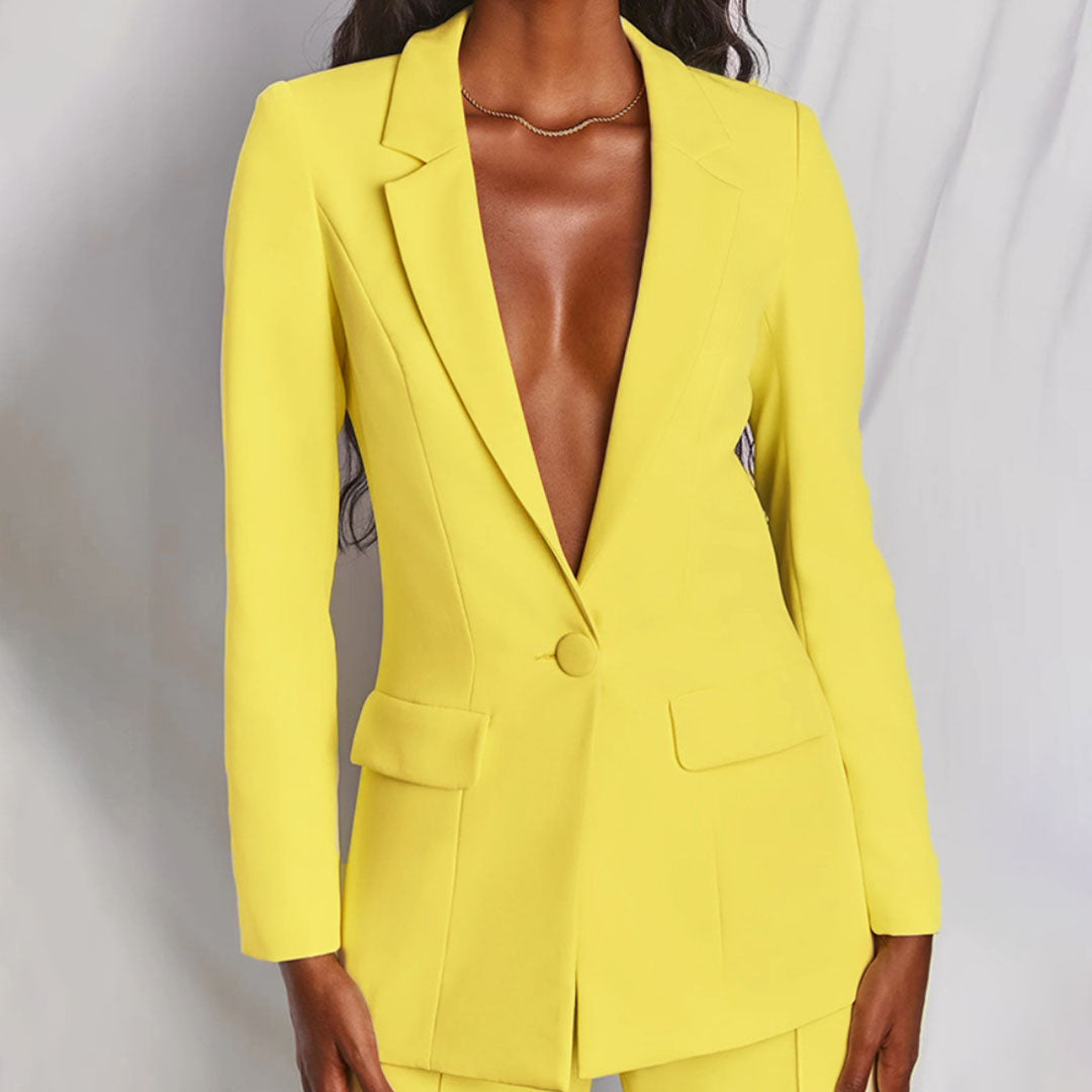 Elegantes Damen Blazers und Hosen-Set in Gelb, hochwertige Baumwollmischung, stilvolle Details, edler Schnitt, bequeme Passfo