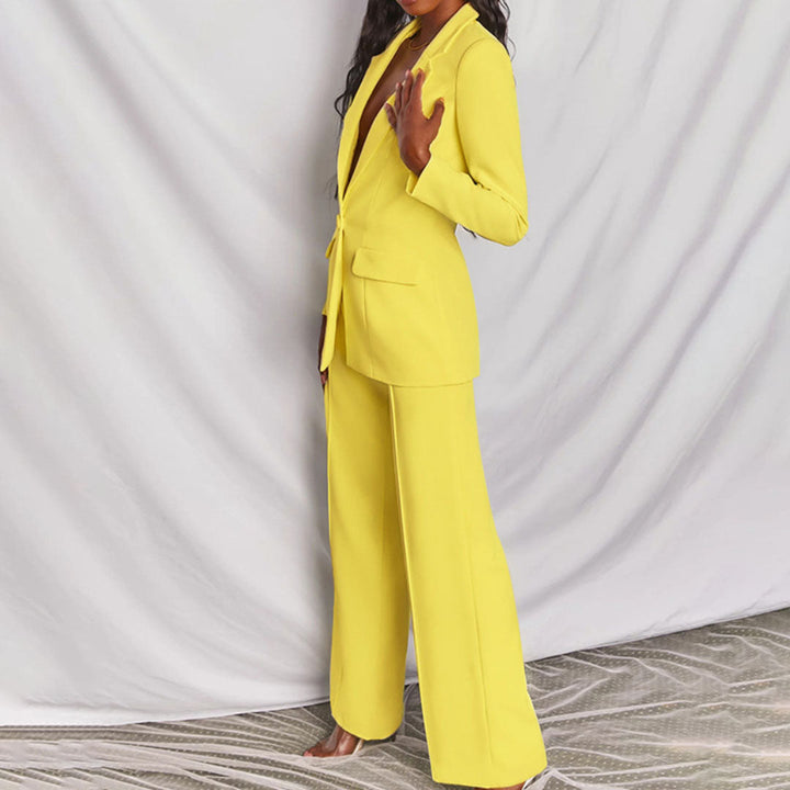 Elegantes Damen Blazers und Hosen-Set in Gelb, hochwertige Baumwollmischung, stilvolle Details, edler Schnitt, bequeme Passfo