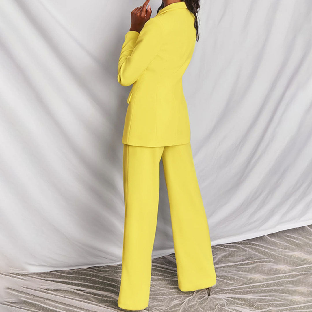 Elegantes Damen Blazers und Hosen-Set in Gelb, hochwertige Baumwollmischung, stilvolle Details, edler Schnitt, bequeme Passfo