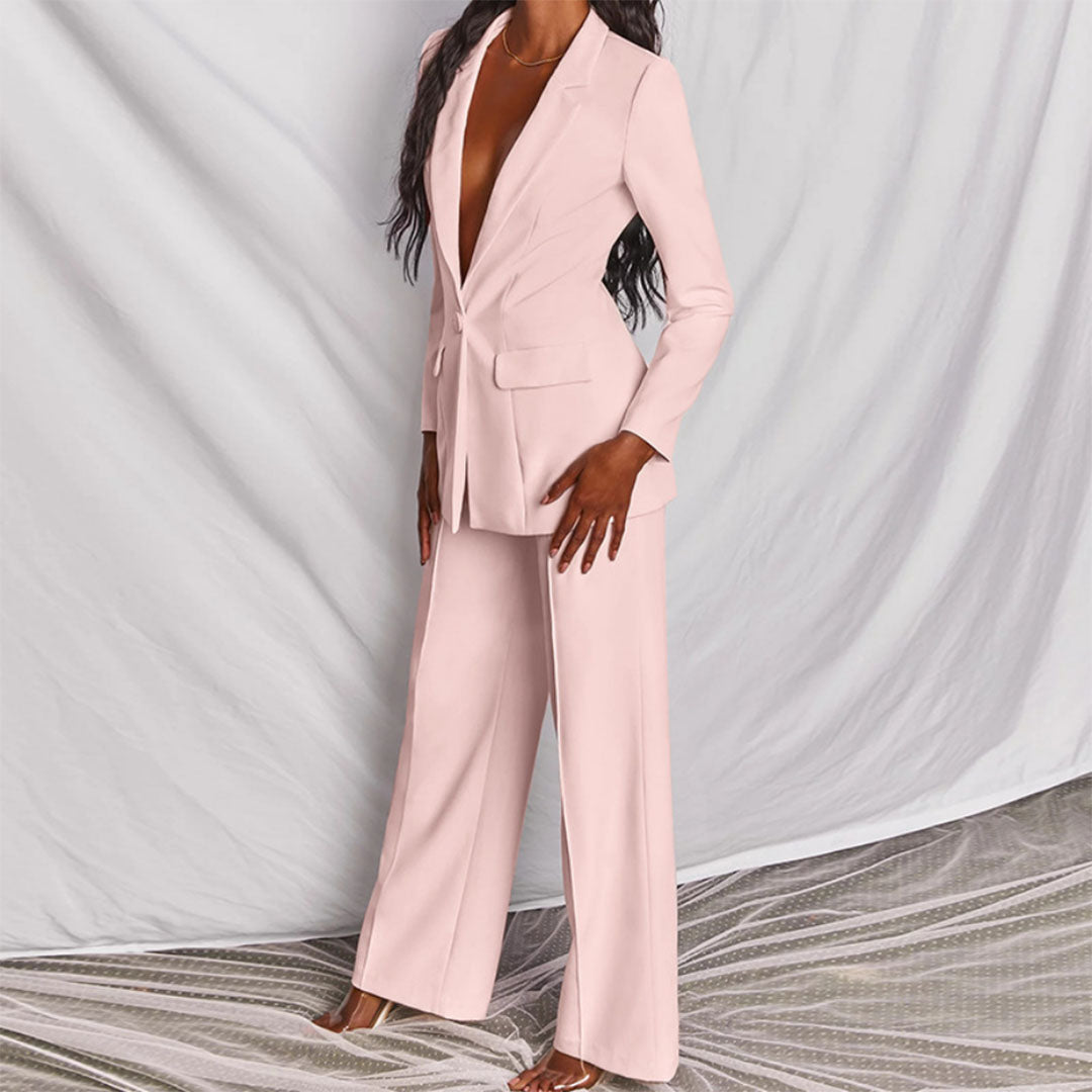 Elegantes Damen Blazers und Hosen-Set in Gelb, hochwertige Baumwollmischung, stilvolle Details, edler Schnitt, bequeme Passfo