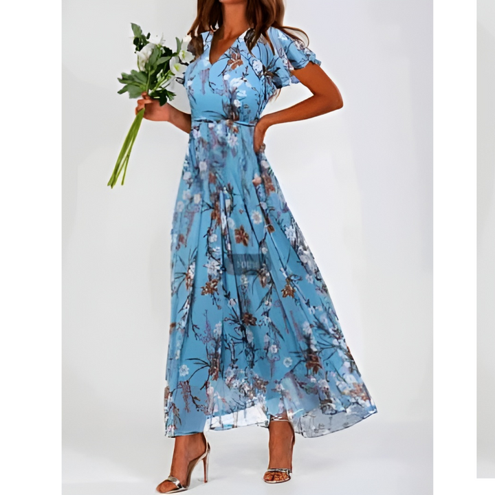 "Elegantes Damen Blumen Maxikleid, fließend mit romantischen Mustern; ideal für Hochzeitsgäste und Sommerveranstaltungen."