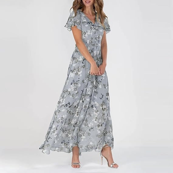 "Elegantes Damen Blumen Maxikleid, fließend mit romantischen Mustern; ideal für Hochzeitsgäste und Sommerveranstaltungen."