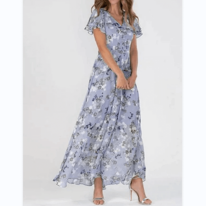 "Elegantes Damen Blumen Maxikleid, fließend mit romantischen Mustern; ideal für Hochzeitsgäste und Sommerveranstaltungen."