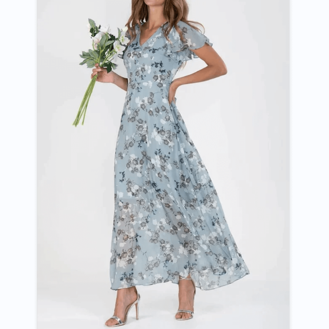 "Elegantes Damen Blumen Maxikleid, fließend mit romantischen Mustern; ideal für Hochzeitsgäste und Sommerveranstaltungen."