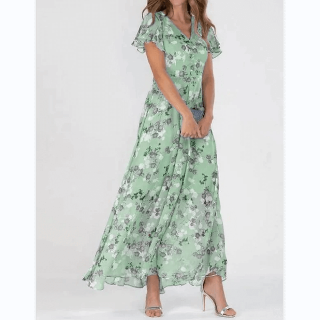 "Elegantes Damen Blumen Maxikleid, fließend mit romantischen Mustern; ideal für Hochzeitsgäste und Sommerveranstaltungen."