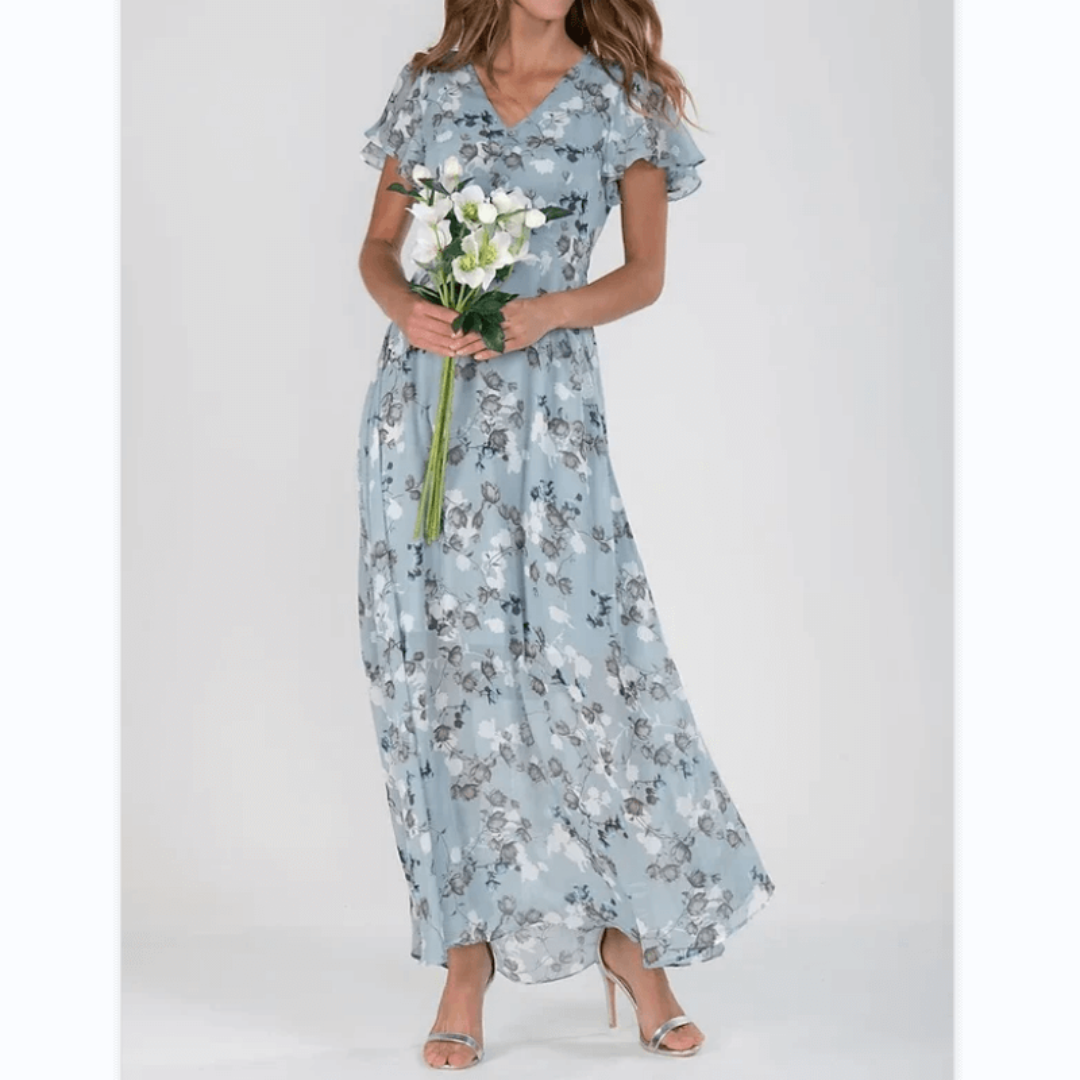 "Elegantes Damen Blumen Maxikleid, fließend mit romantischen Mustern; ideal für Hochzeitsgäste und Sommerveranstaltungen."
