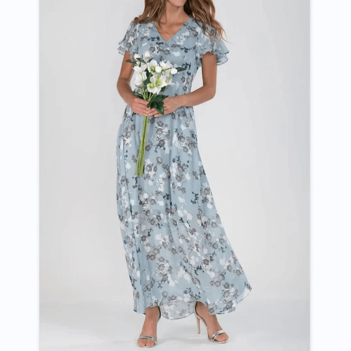 "Elegantes Damen Blumen Maxikleid, fließend mit romantischen Mustern; ideal für Hochzeitsgäste und Sommerveranstaltungen."