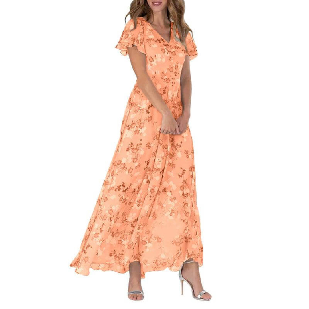 "Elegantes Damen Blumen Maxikleid, fließend mit romantischen Mustern; ideal für Hochzeitsgäste und Sommerveranstaltungen."