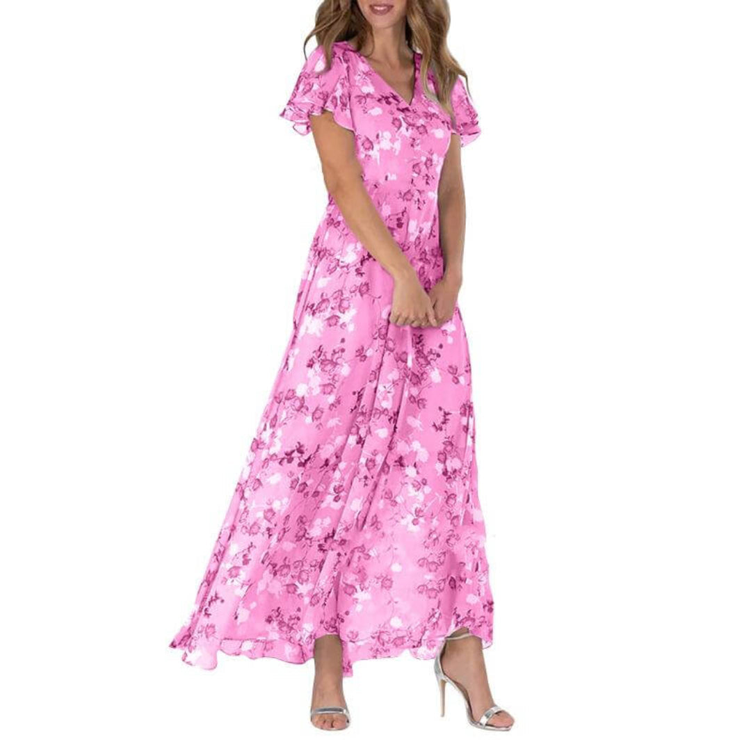 "Elegantes Damen Blumen Maxikleid, fließend mit romantischen Mustern; ideal für Hochzeitsgäste und Sommerveranstaltungen."