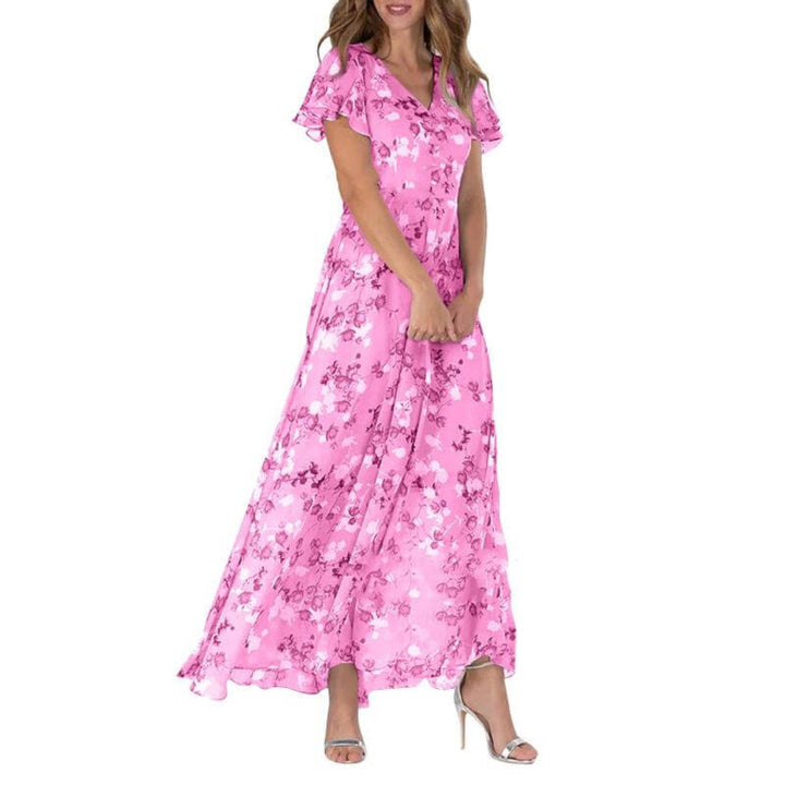"Elegantes Damen Blumen Maxikleid, fließend mit romantischen Mustern; ideal für Hochzeitsgäste und Sommerveranstaltungen."