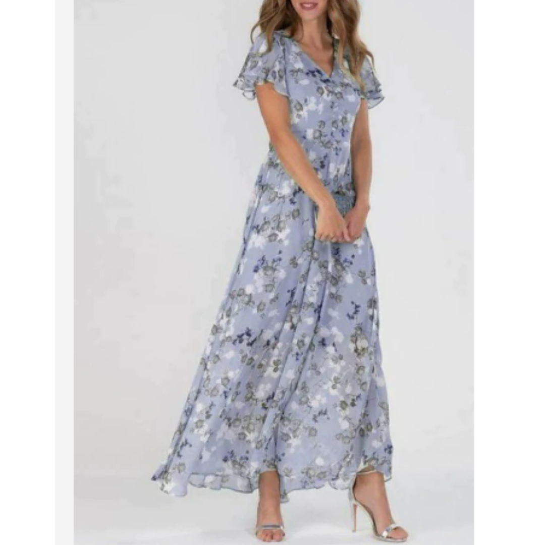 "Elegantes Damen Blumen Maxikleid, fließend mit romantischen Mustern; ideal für Hochzeitsgäste und Sommerveranstaltungen."