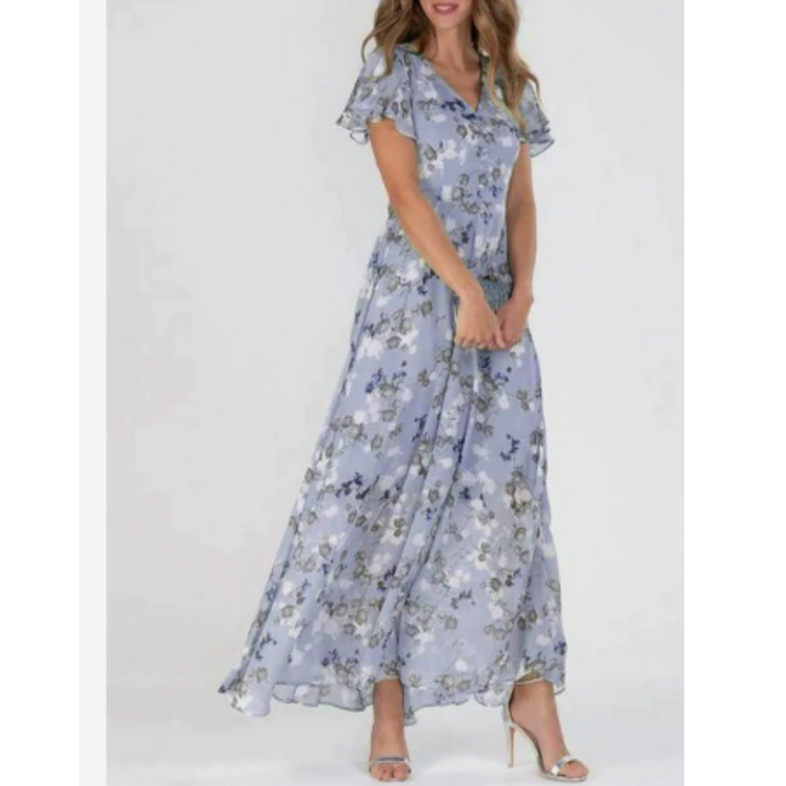 "Elegantes Damen Blumen Maxikleid, fließend mit romantischen Mustern; ideal für Hochzeitsgäste und Sommerveranstaltungen."