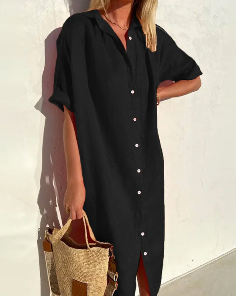 "Elegantes Damen-Hemdblusenkleid mit halben Ärmeln und Midilänge, weich fließender Stoff in klassischem Chic."