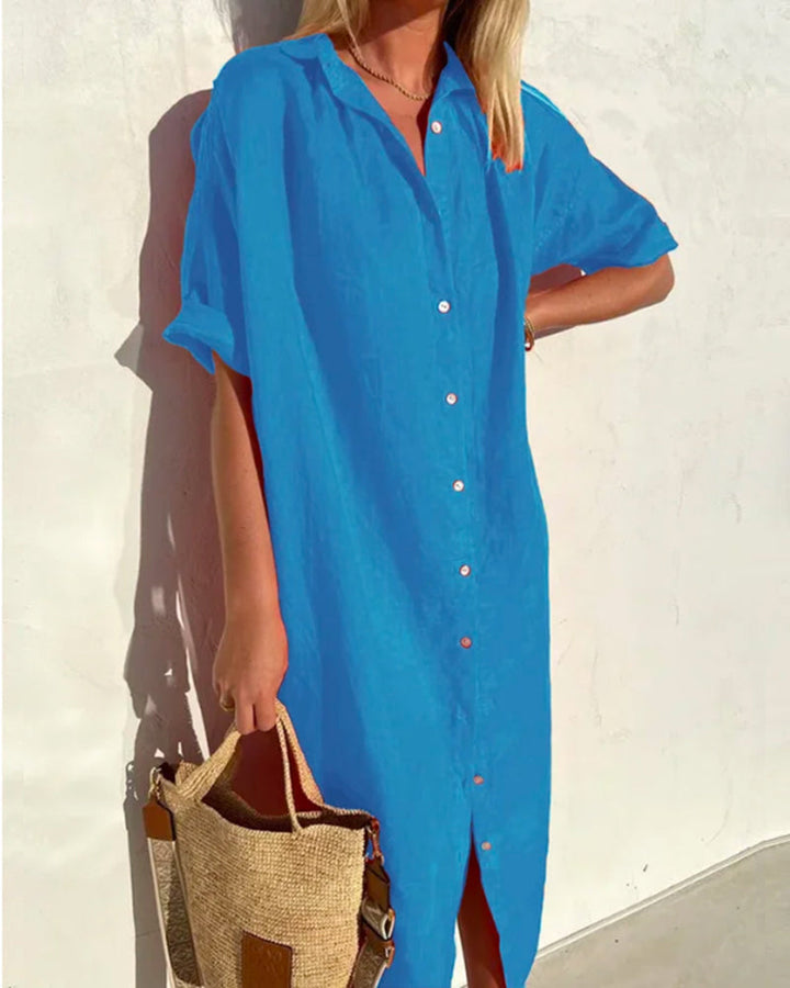 "Elegantes Damen-Hemdblusenkleid mit halben Ärmeln und Midilänge, weich fließender Stoff in klassischem Chic."