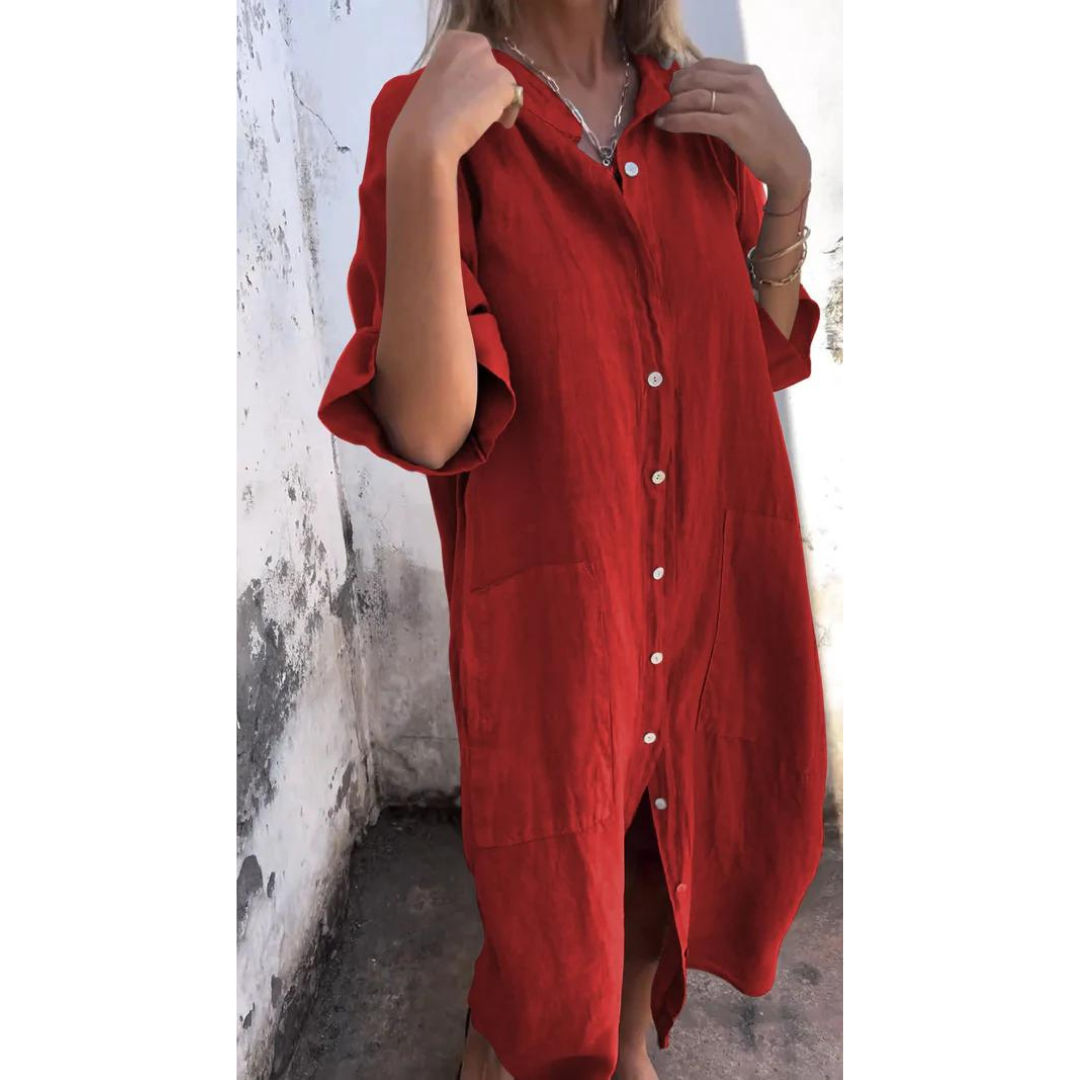 "Elegantes Damen-Hemdblusenkleid mit halben Ärmeln und Midilänge, weich fließender Stoff in klassischem Chic."