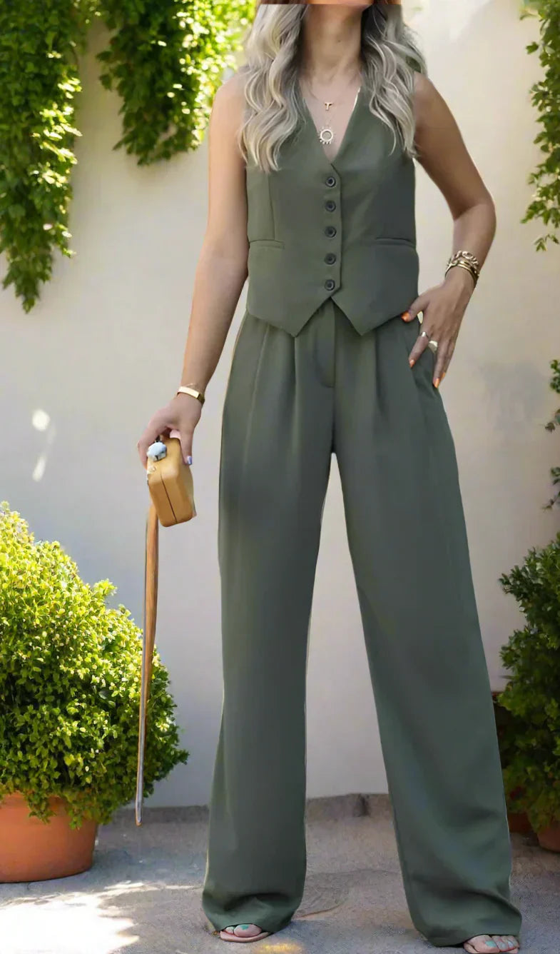 "Elegantes Damen-Hosenanzug-Set mit V-Ausschnitt, weiten Beinen, femininen Details, ideal für Büro und festliche Anlässe."