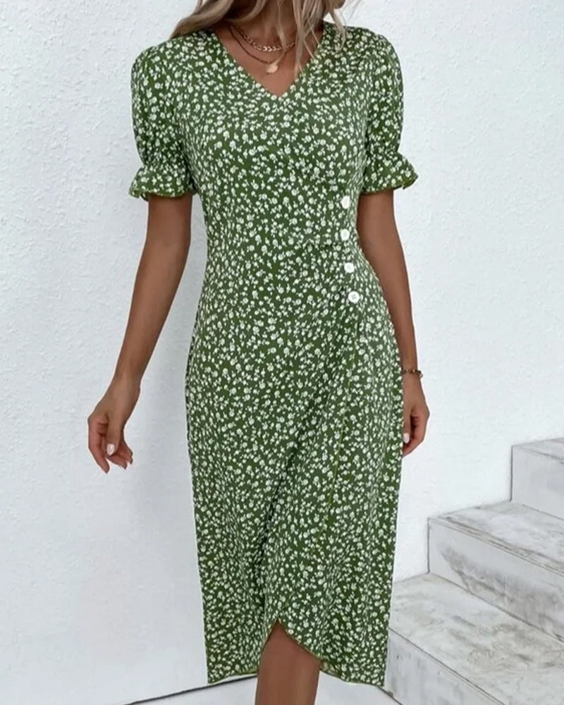 Elegantes Damen Kleid mit floralem Print, Leinenmischung, Puffärmel, vielseitig, für Alltag und Anlässe, stilvoll.